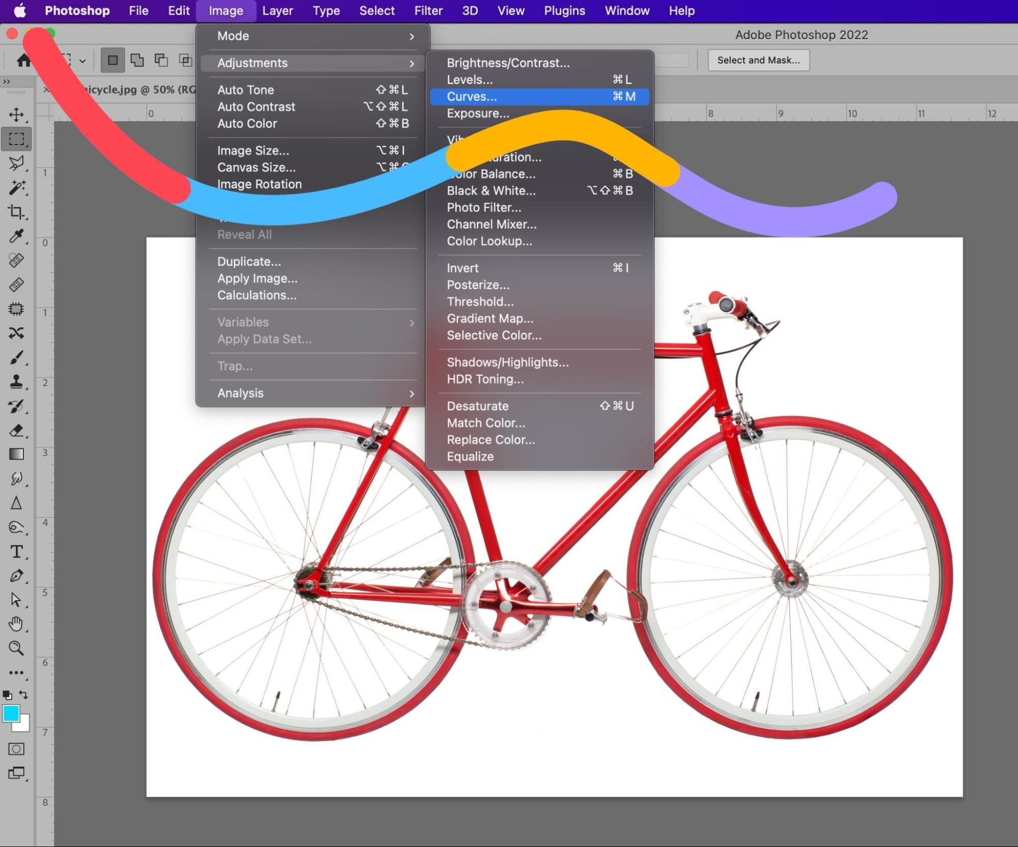 Photoshop Curves adjustment tool interface for refining image color and tone.