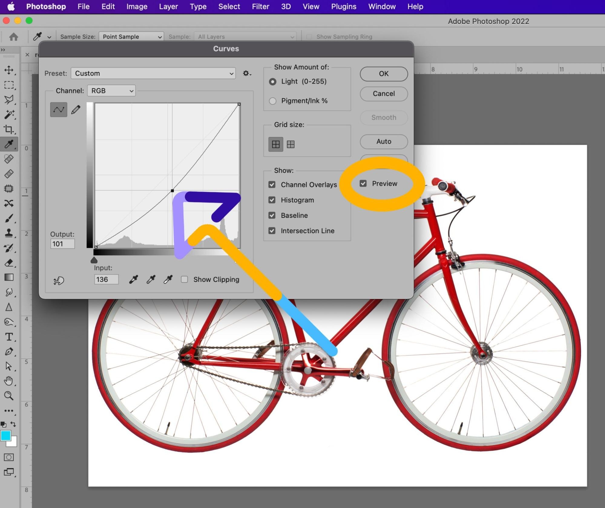 Photoshop Curves tool in RGB mode with preview option enabled, editing a red bicycle image.