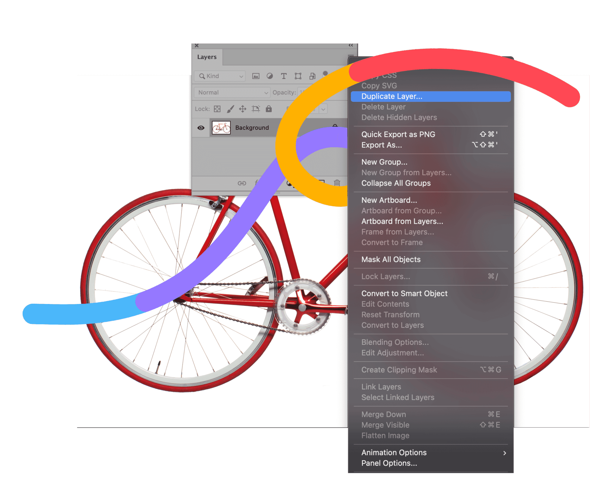 Photoshop Layers panel with Duplicate Layer option highlighted, showing red bicycle image.