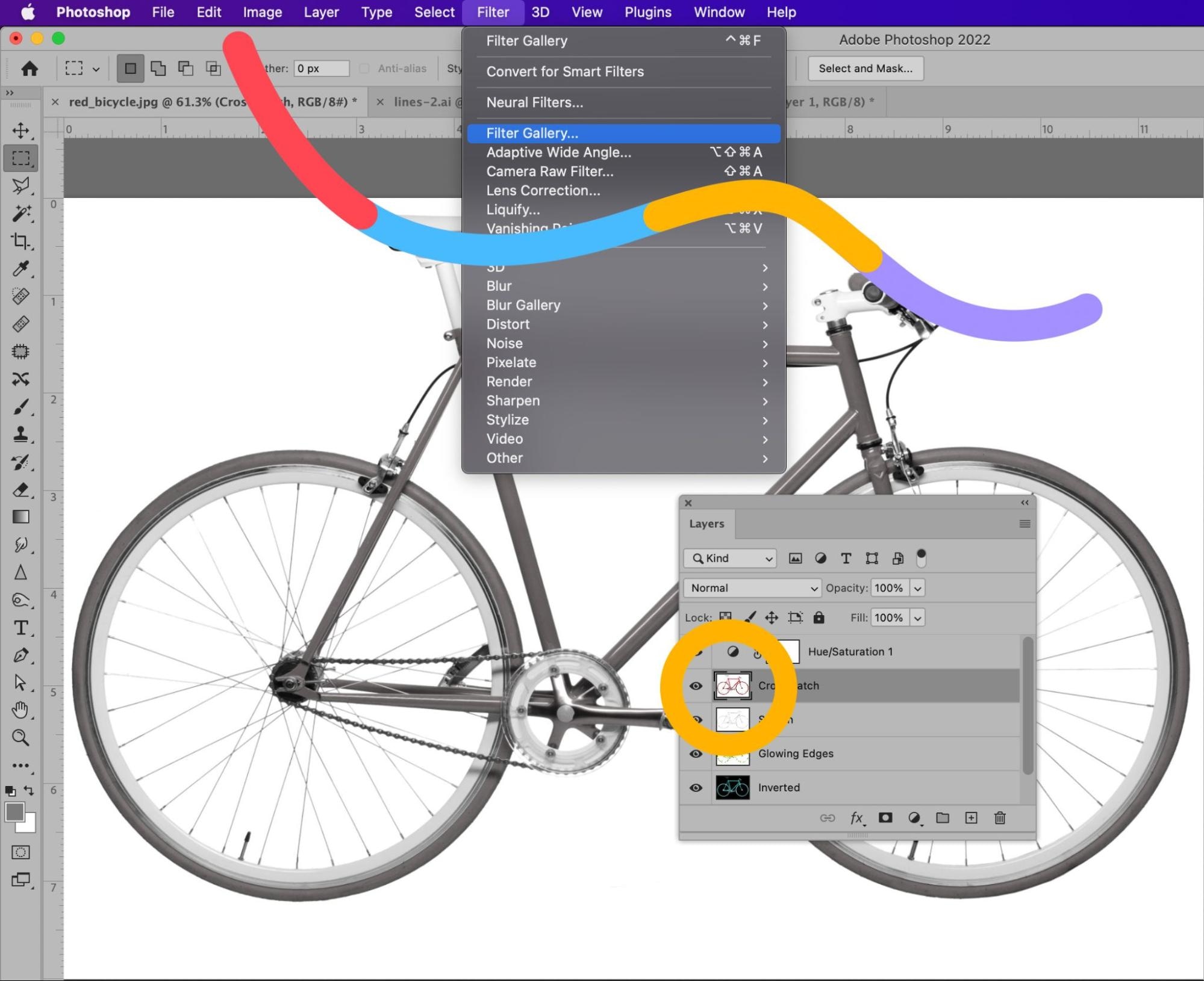 Photoshop Filter Gallery menu open with cross hatch effect layer applied to grayscale bicycle image.