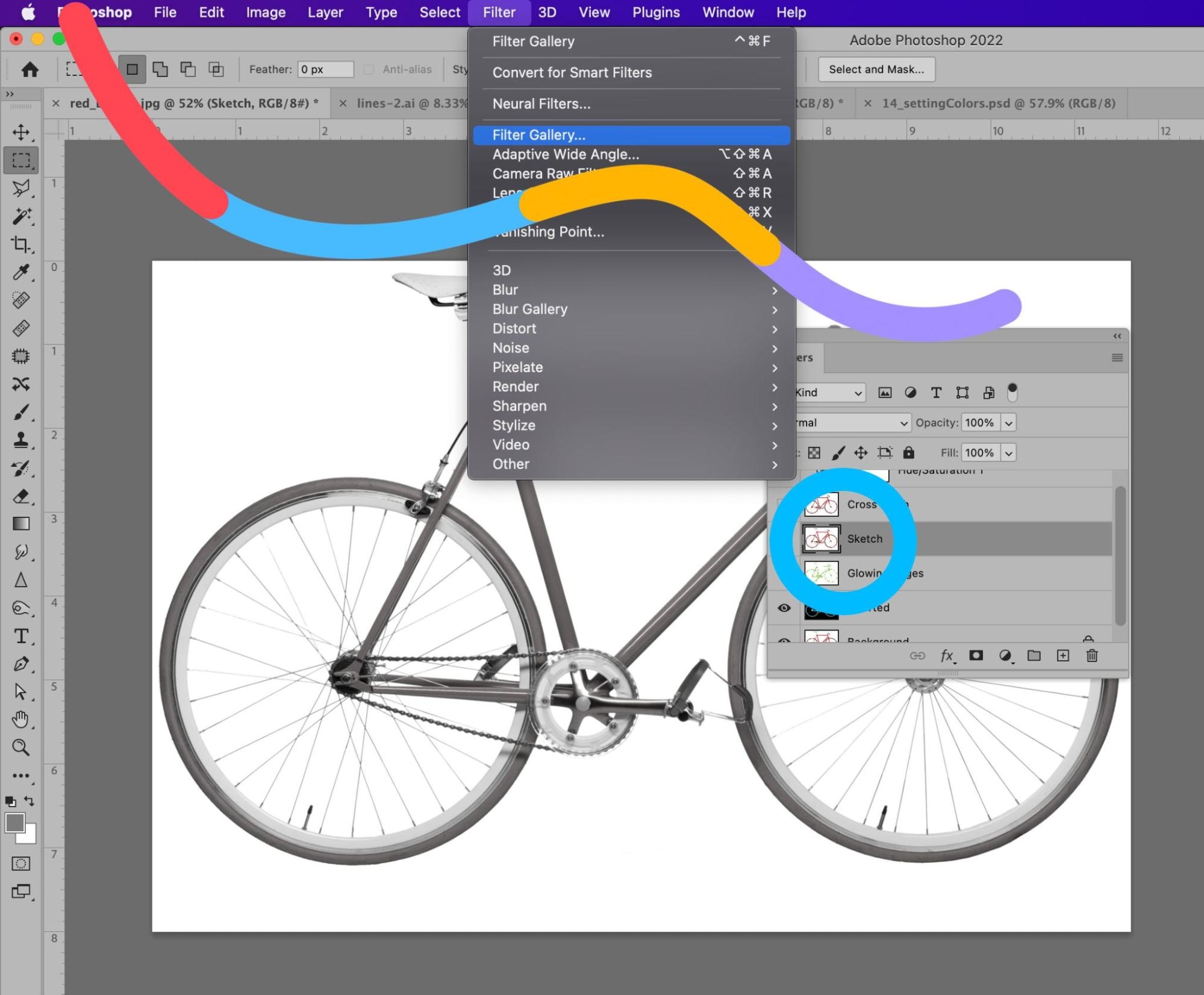Photoshop Filter Gallery menu with cross hatch, sketch, and glowing edges effects on grayscale bicycle image.