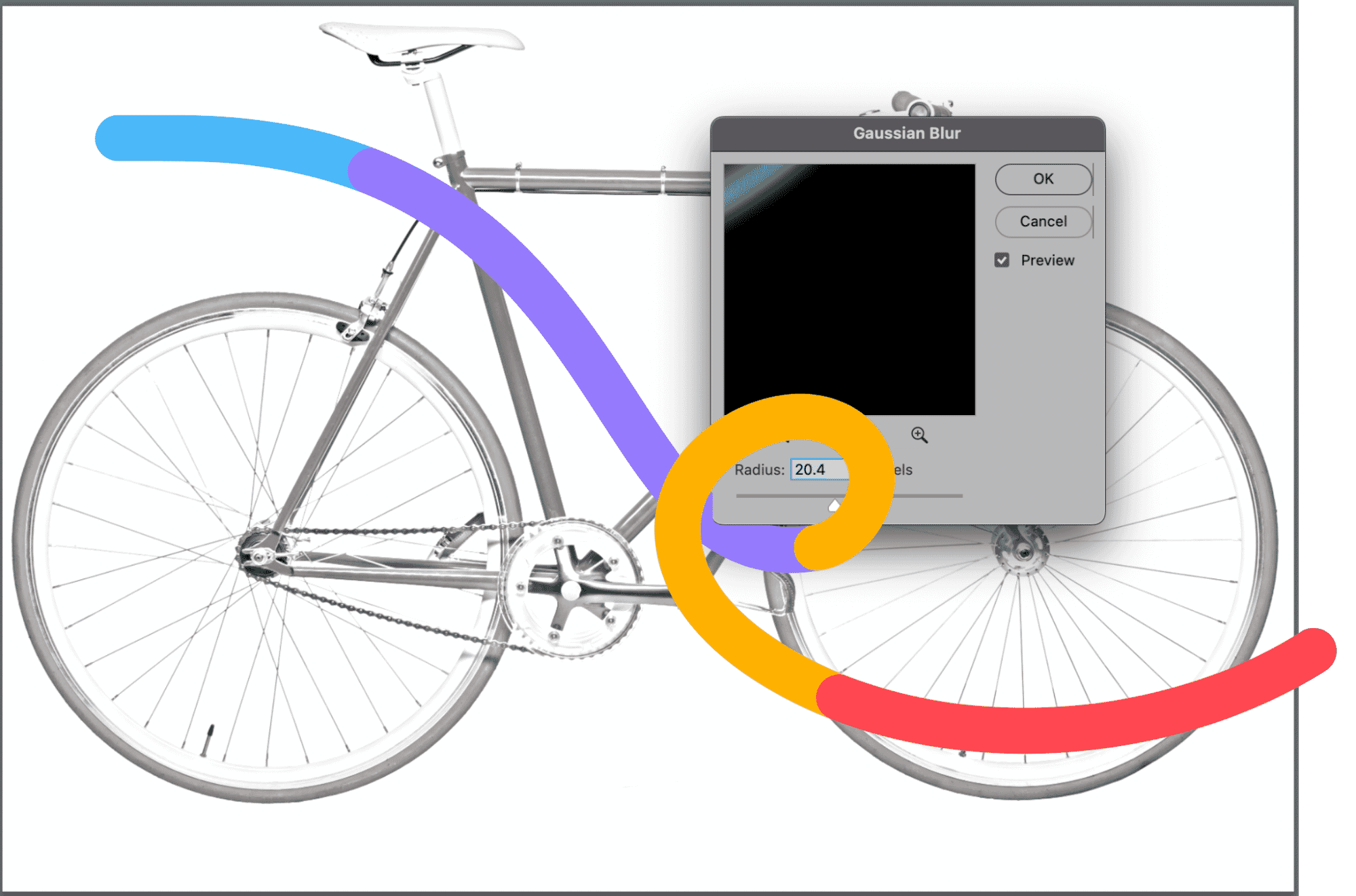 Photoshop Gaussian Blur dialog with radius set to 20.4, applied to grayscale bicycle image.