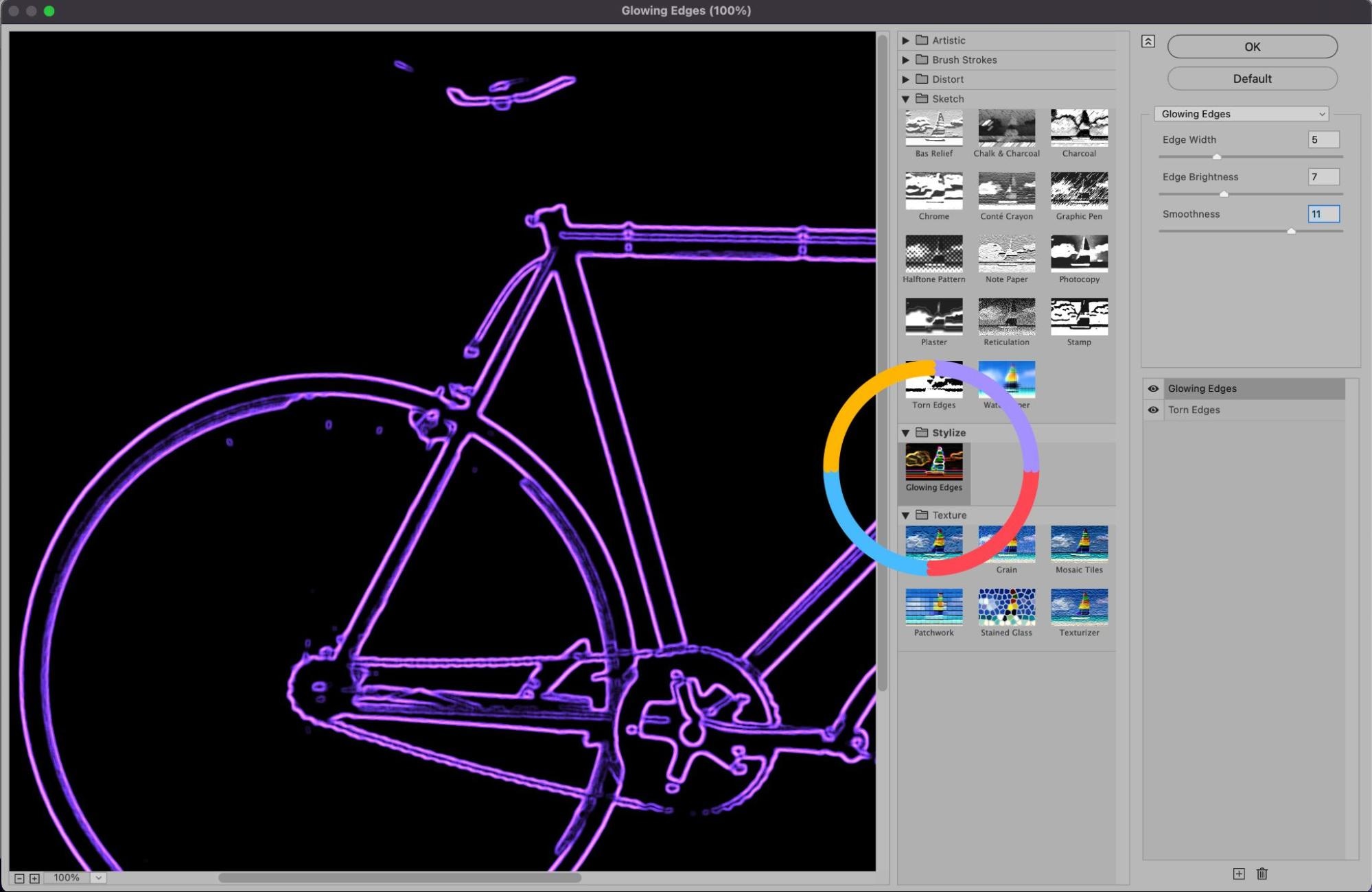Photoshop Glowing Edges filter applied to bicycle image, displaying purple outlines on a black background.