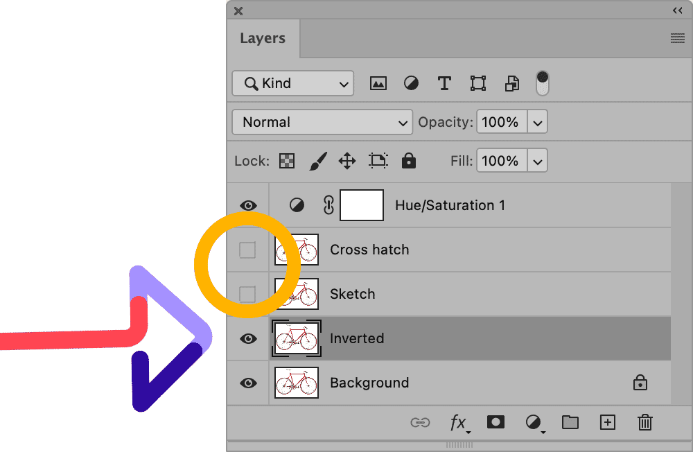 Photoshop Layers panel showing Hue/Saturation adjustment and inverted effect on red bicycle image.