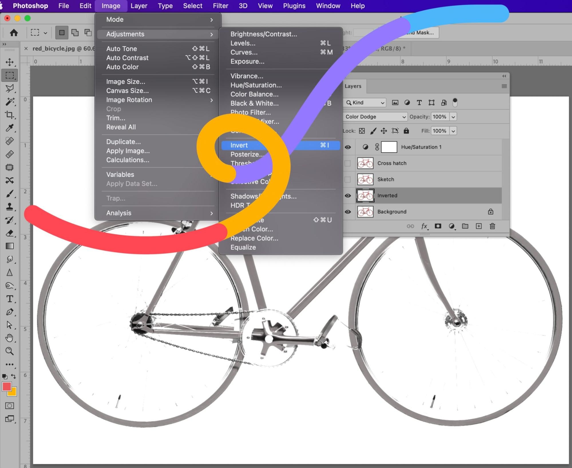 Photoshop Invert adjustment option selected in the Image menu with grayscale bicycle layers panel visible.