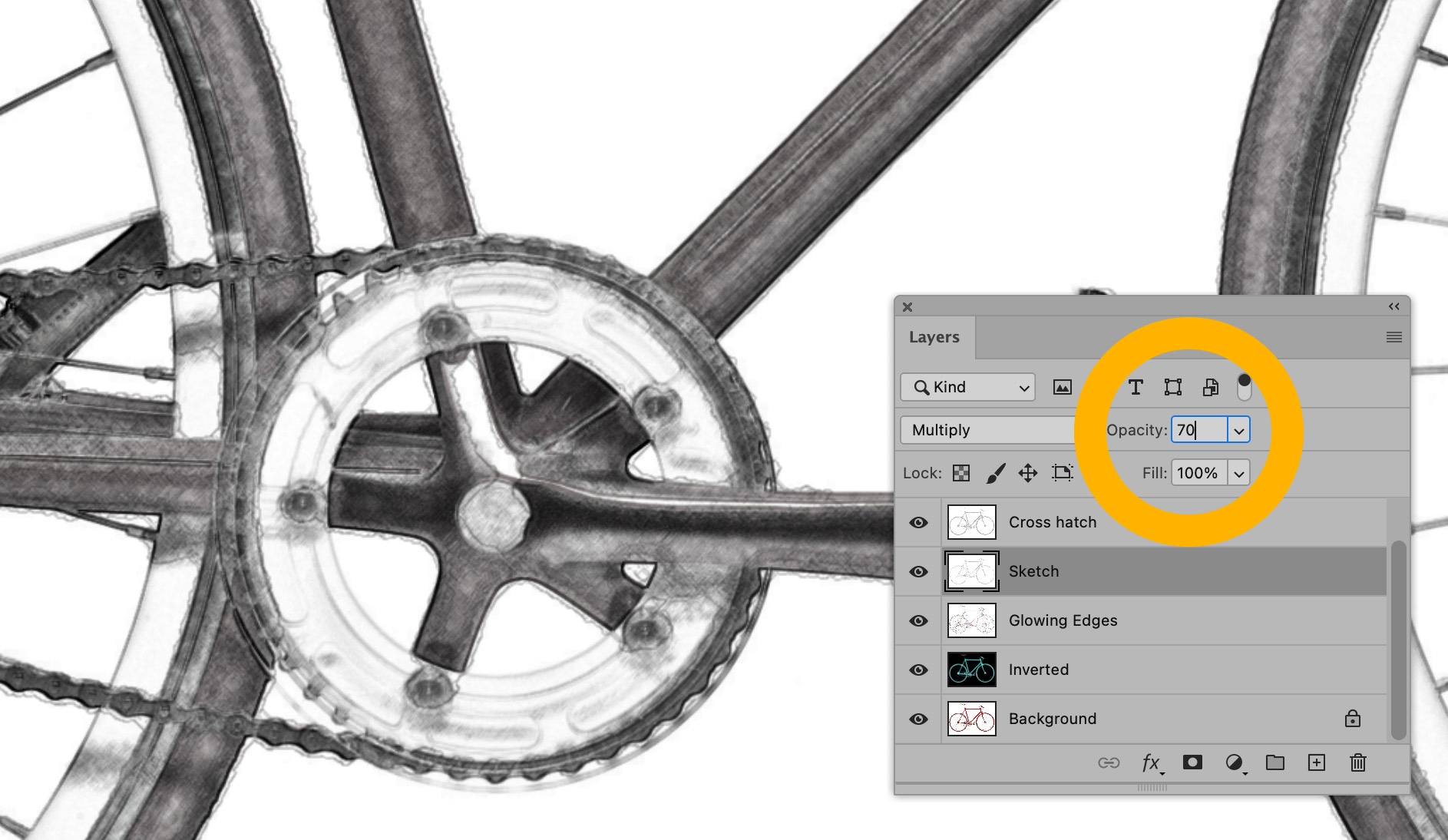 Photoshop Layers panel with Multiply blend mode and opacity set to 70% on bicycle close-up.