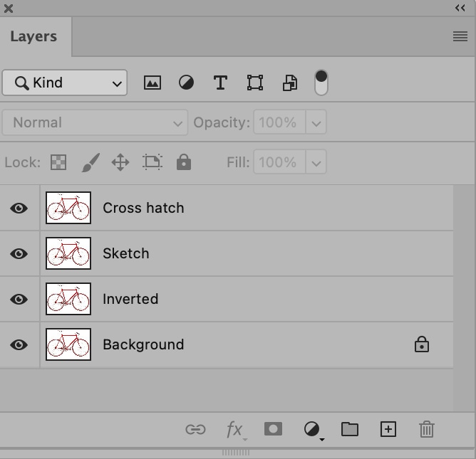 Photoshop Layers panel displaying cross hatch, sketch, and inverted effects on red bicycle image.