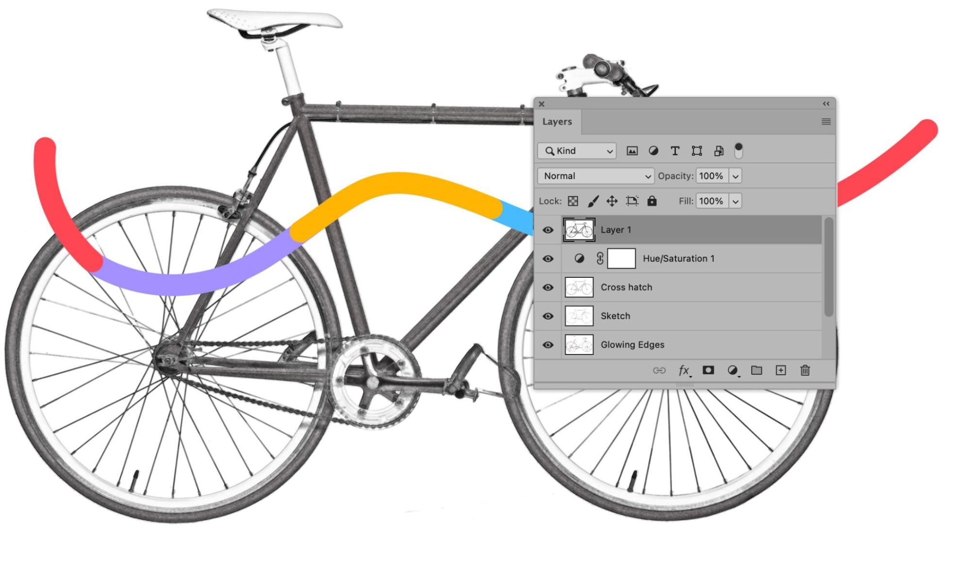 Photoshop Layers panel with cross hatch, sketch, glowing edges, and hue/saturation adjustments on bicycle image.