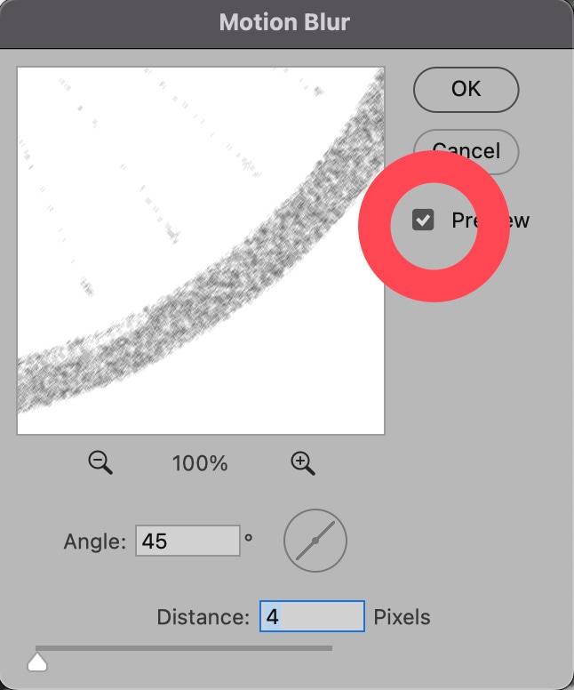 Photoshop Motion Blur dialog box with preview option enabled, angle set to 45 degrees and distance at 4 pixels.