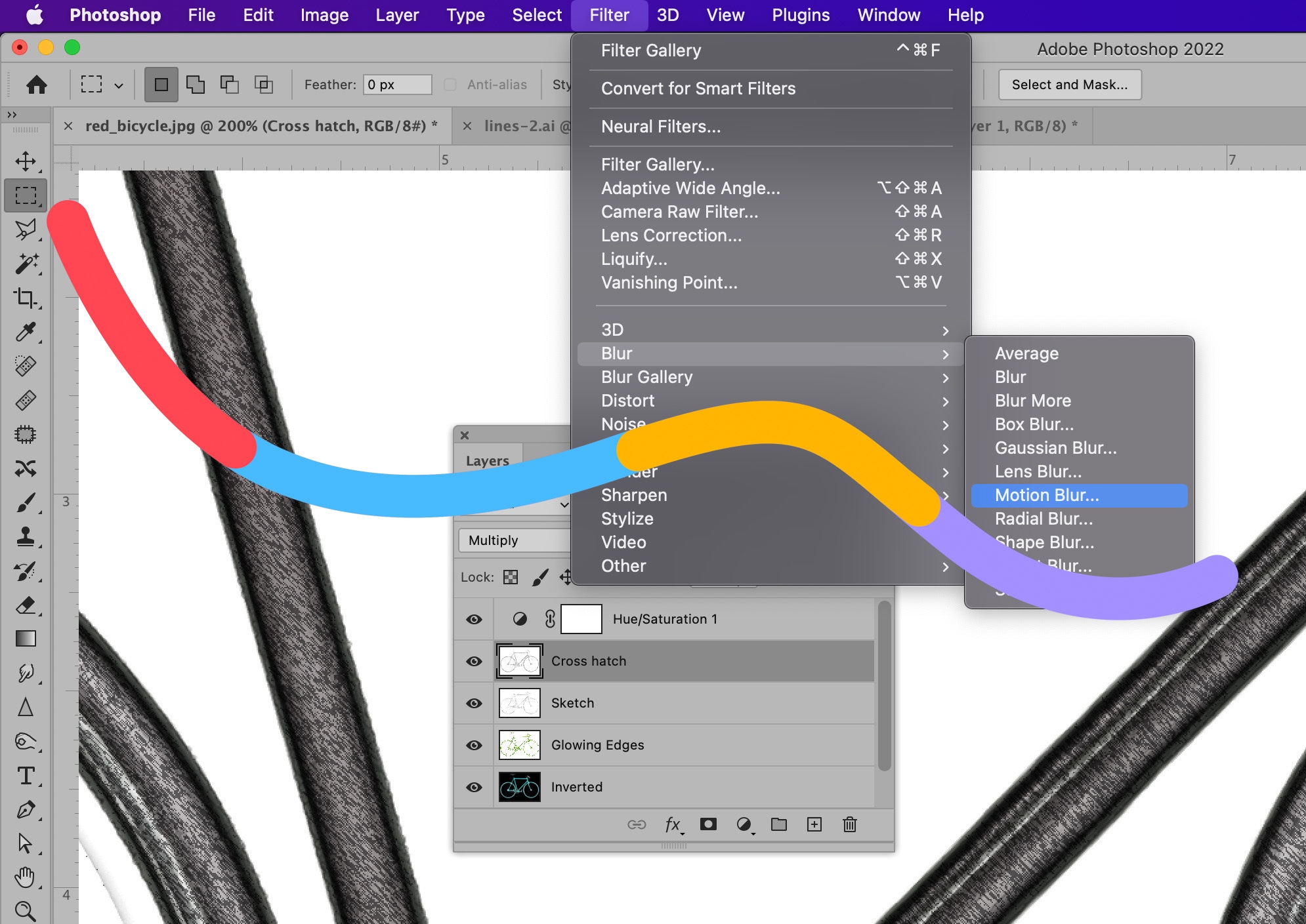 Photoshop Motion Blur filter selected in Blur menu with multiple layers applied, close-up of bicycle image.