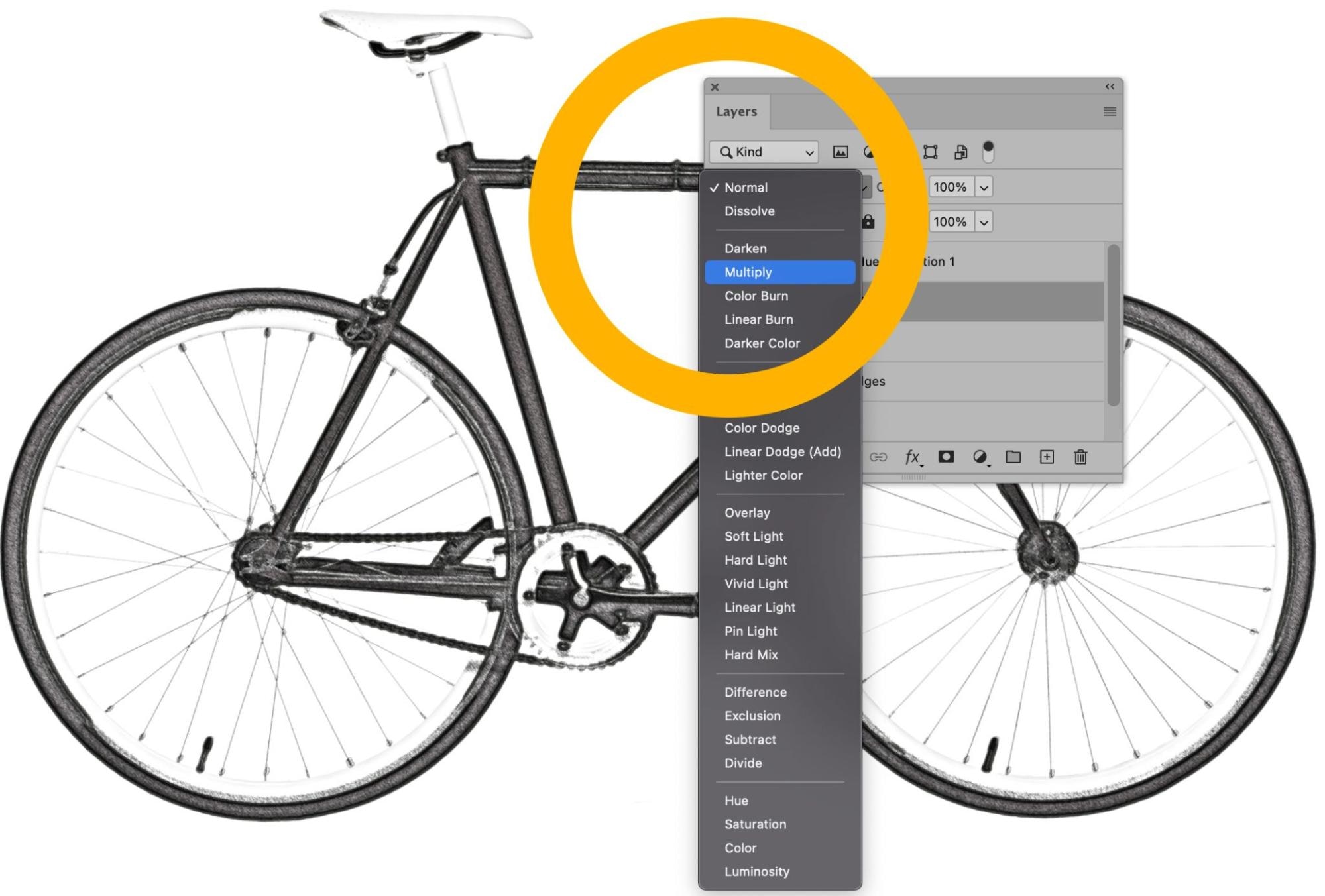 Photoshop Layers panel with Multiply blending mode selected, applied to sketch-style bicycle image.
