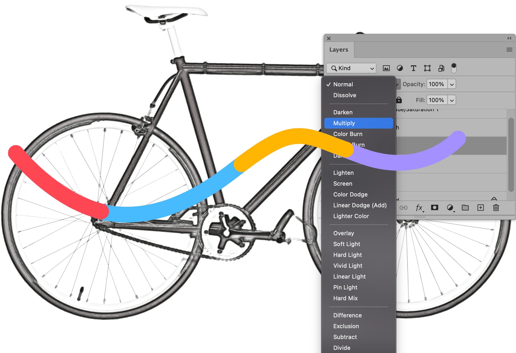 Photoshop Layers panel with Multiply blending mode applied to sketch-style bicycle image.