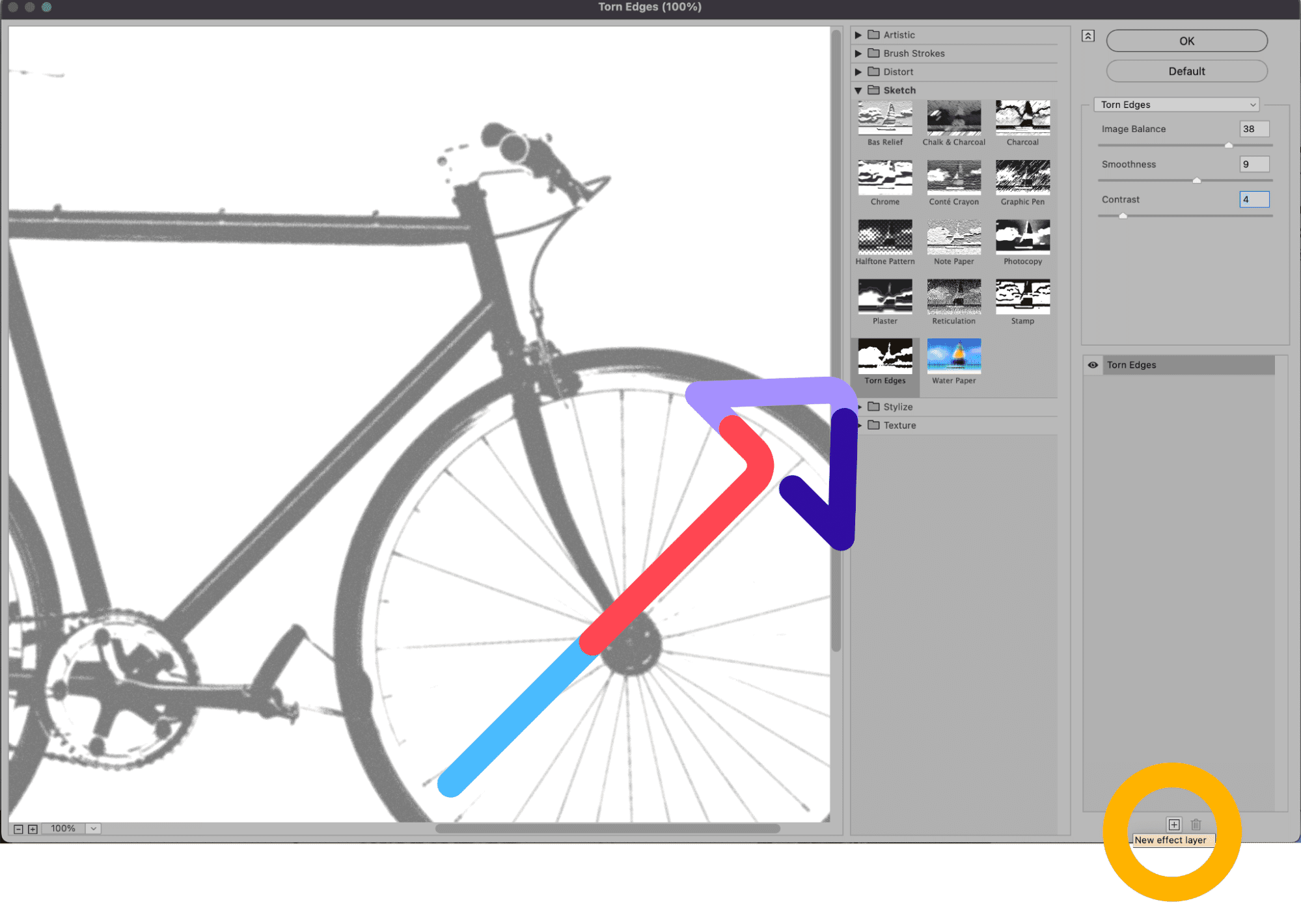 Photoshop Torn Edges filter applied to grayscale bicycle image with adjustable contrast and smoothness.
