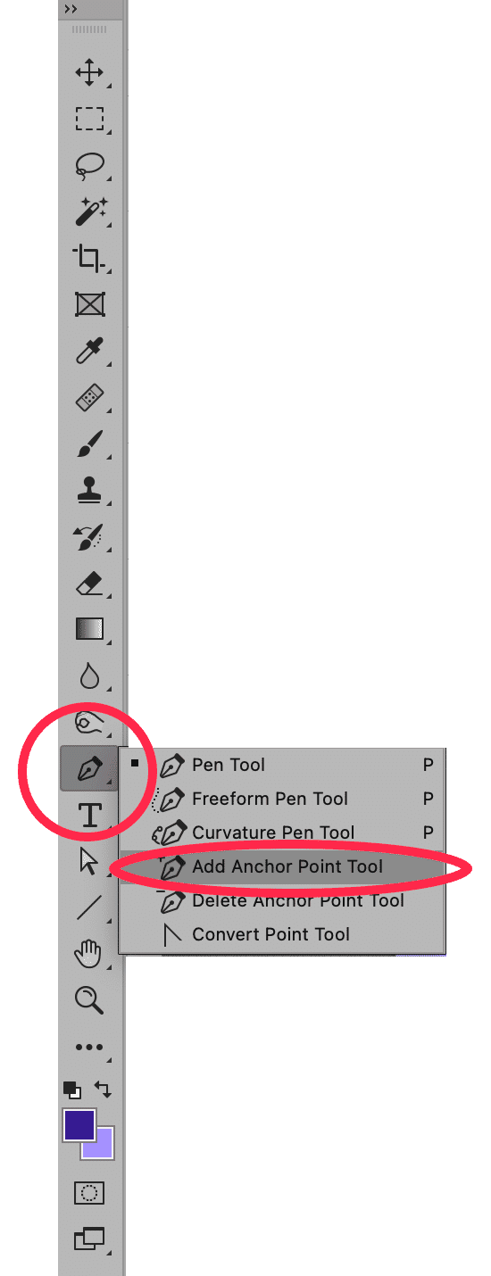 Photoshop toolbar showing the Pen Tool options with the Add Anchor Point Tool circled in red.