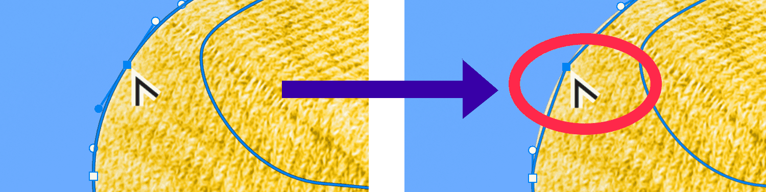 Close-up of adjusting a path by moving an anchor point on a yellow textured surface in Photoshop.
