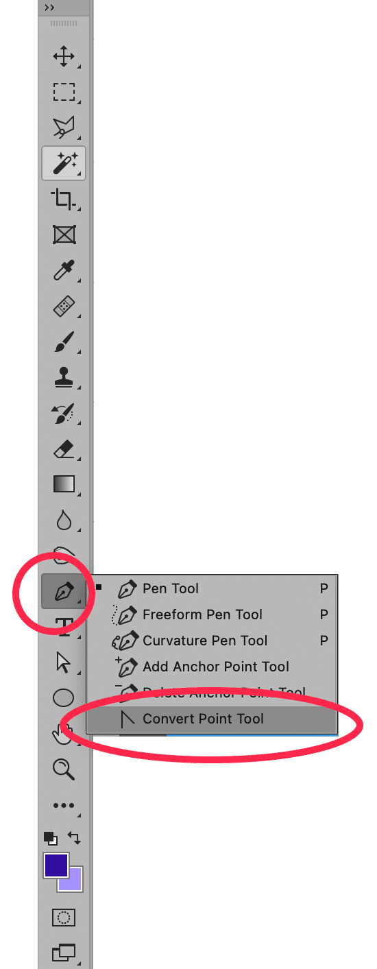 Photoshop toolbar with Pen Tool options highlighted, showing the Convert Point Tool selection.