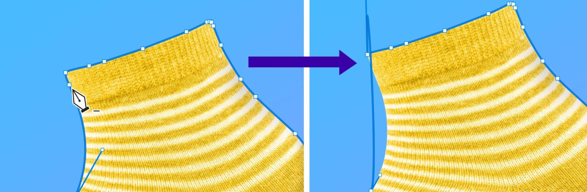 Before and after comparison of deleting anchor points on a yellow sock outline path in Photoshop to smooth curves.