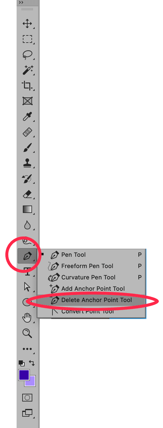 Photoshop toolbar with Delete Anchor Point Tool option highlighted in Pen Tool dropdown.