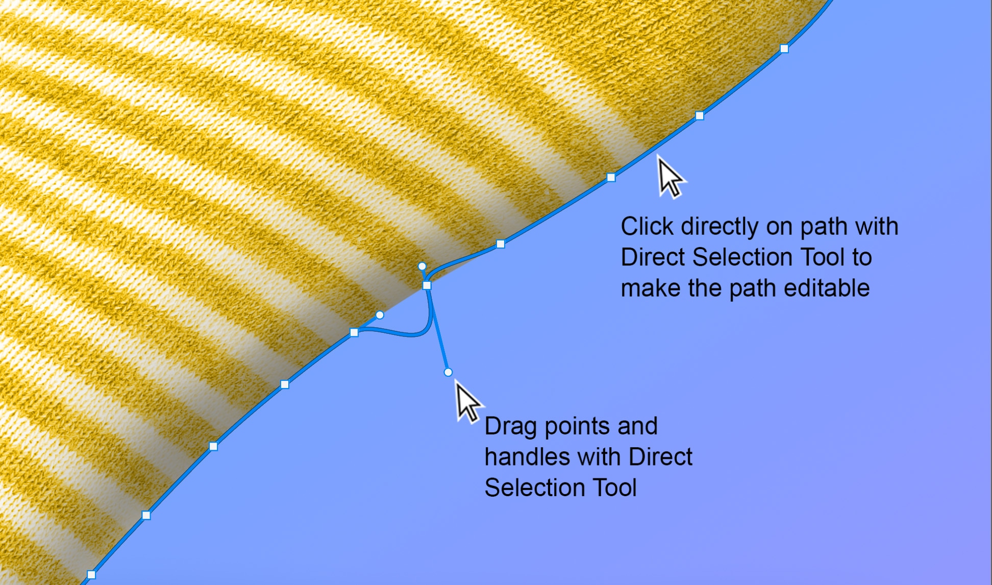 Close-up of Direct Selection Tool in Photoshop showing path editing on a yellow sock image, with instructions to drag points and handles.