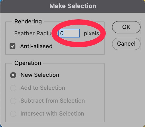 Photoshop Make Selection dialog with Feather Radius field set to 0 pixels and highlighted in red.