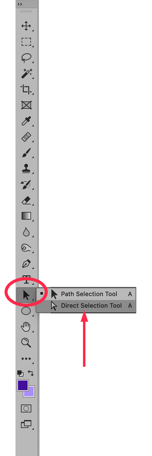 Photoshop toolbar with Path Selection Tool and Direct Selection Tool highlighted and indicated by a red circle and arrow.