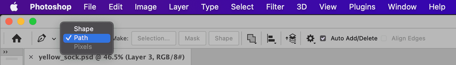 Photoshop toolbar displaying the option to select Path, Shape, or Pixels mode in the workspace settings.