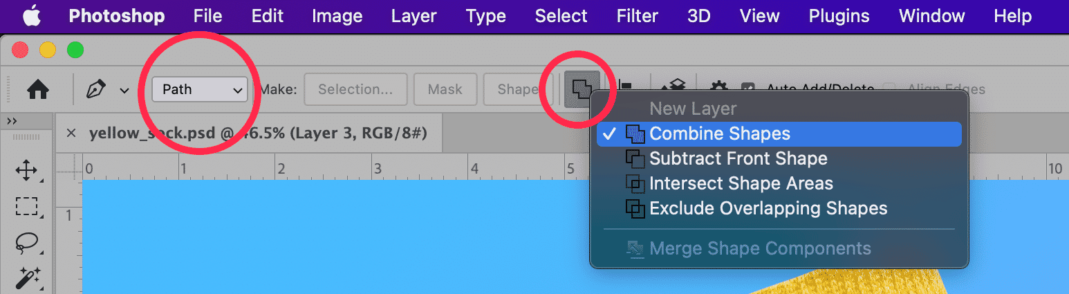 Photoshop interface showing Path mode with shape combination options like Combine Shapes, Subtract Front Shape, and Intersect Shape Areas.