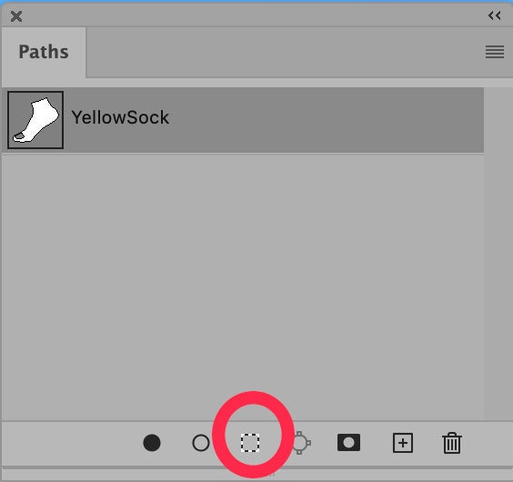 Photoshop Paths panel showing "YellowSock" path with selection icon highlighted in red at the bottom.