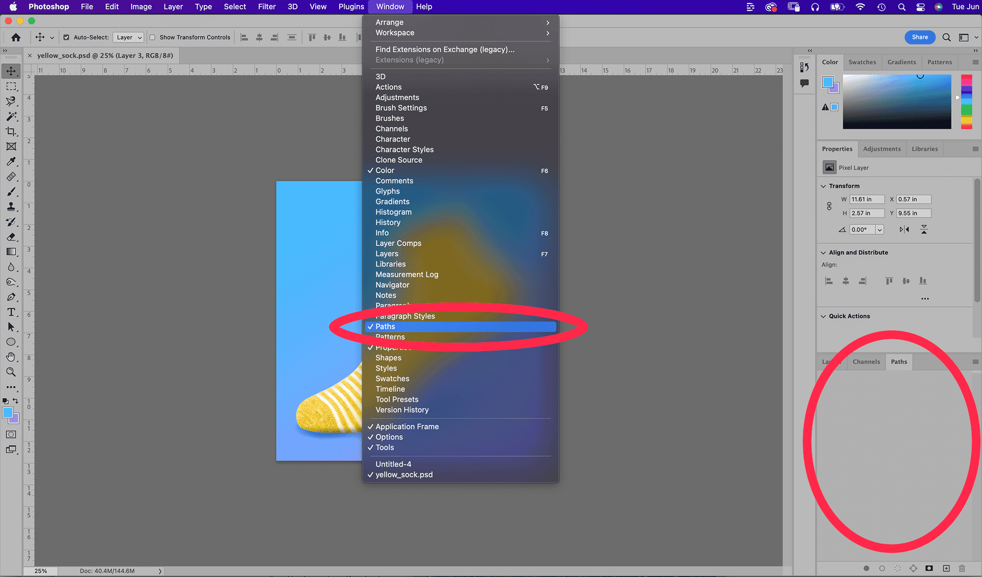 Photoshop interface with the "Paths" option highlighted in the "Window" dropdown menu for editing tools.
