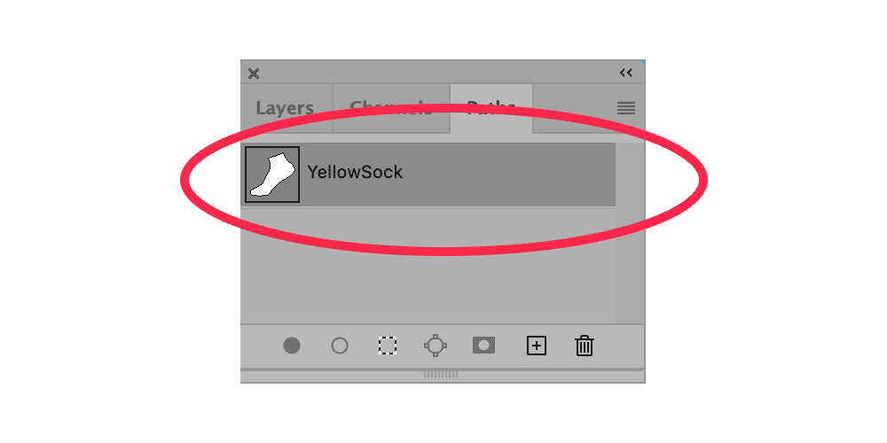Photoshop Paths panel displaying the saved path named "YellowSock" with a sock icon in the selection area.
