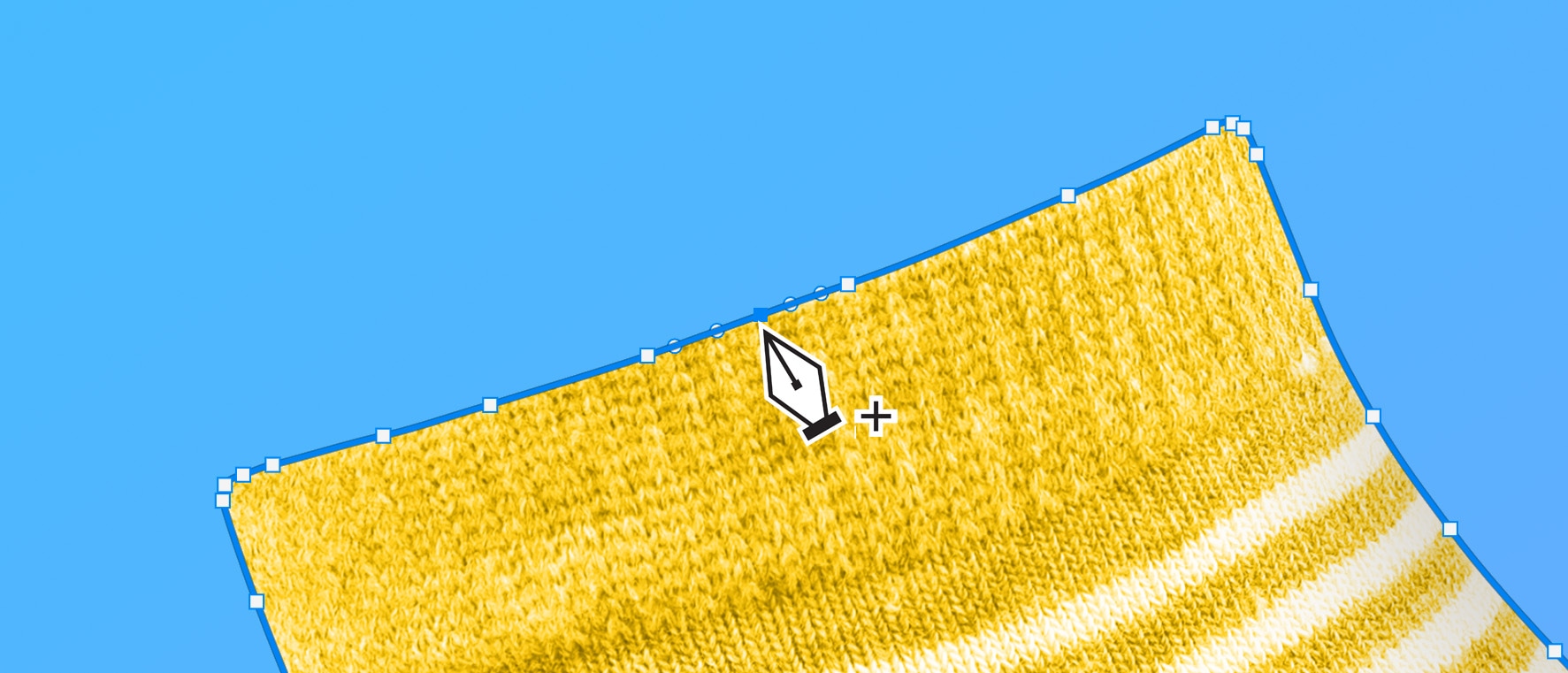 Close-up of Photoshop's Pen Tool adding anchor points along a path outlining a yellow striped sock.