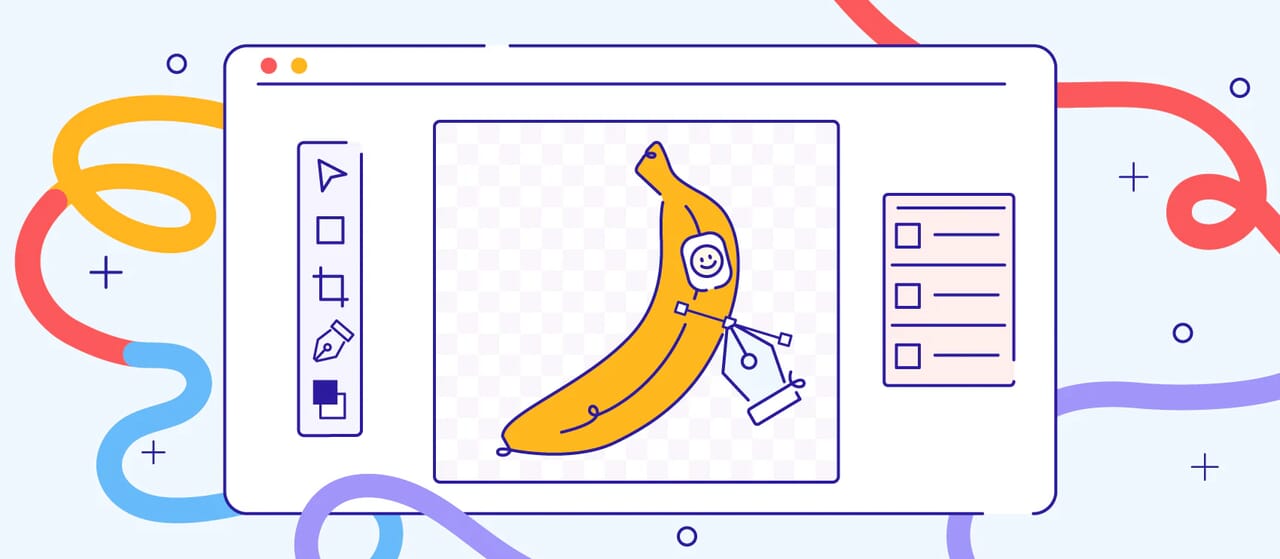 Illustration of a banana in Photoshop using the pen tool for vector path editing on a transparent background.