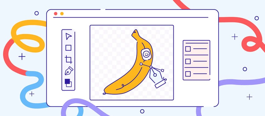 Illustration of a banana in Photoshop using the pen tool for vector path editing on a transparent background.