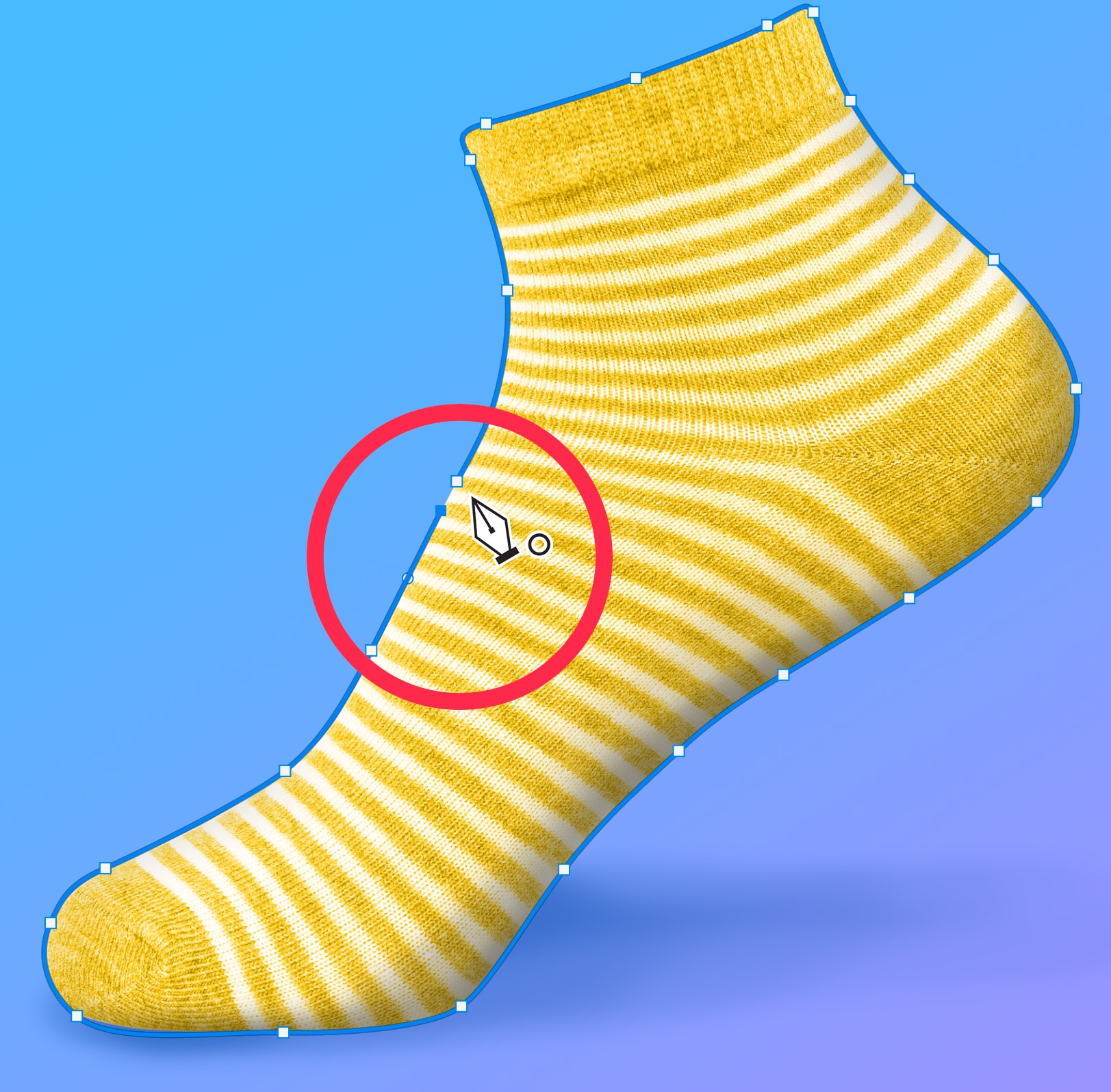 Complete path outline on a yellow striped sock using the Photoshop Pen Tool with highlighted selection point.