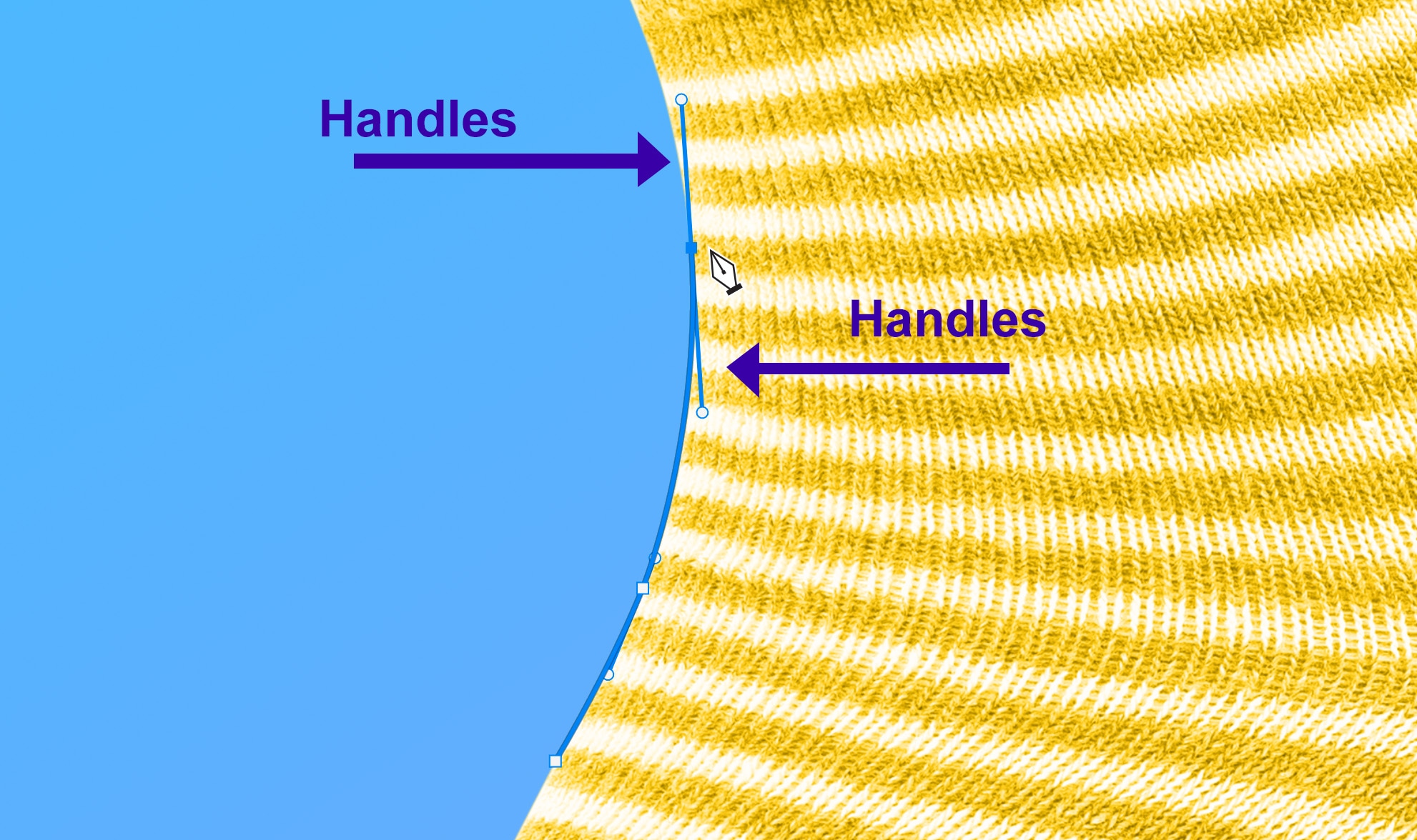 Close-up of Photoshop Pen Tool with handles adjusting a curved path along the edge of a yellow striped sock on a blue background.
