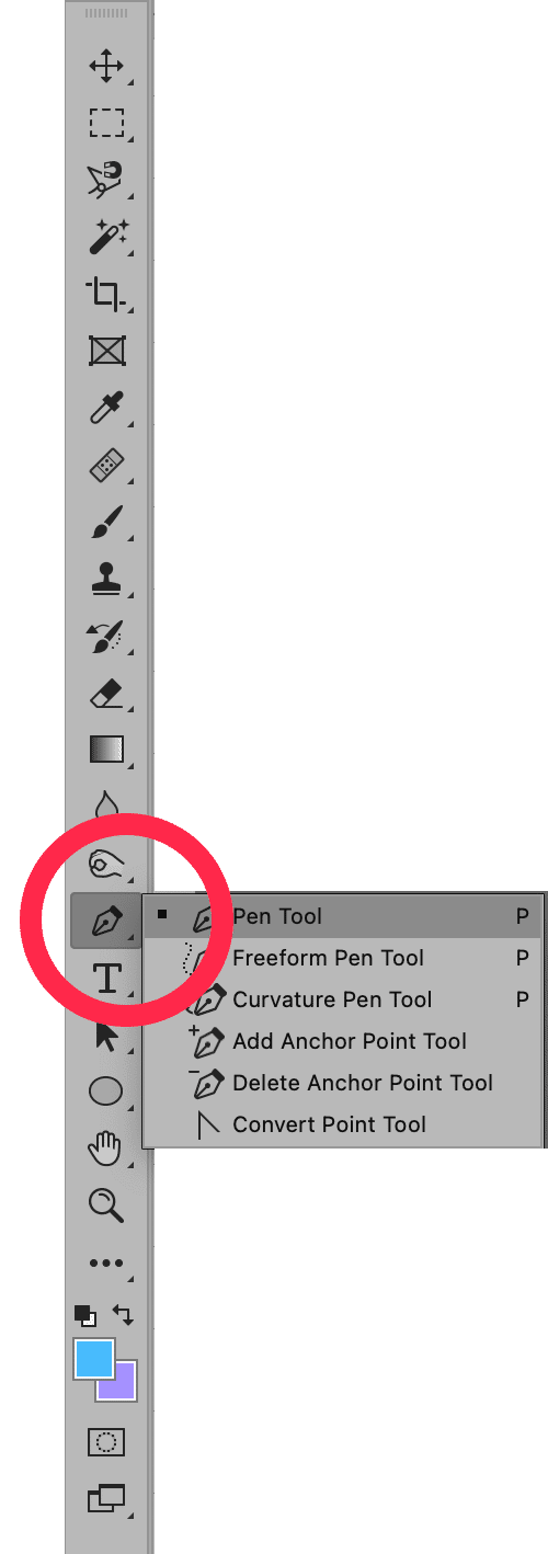 Close-up of Photoshop toolbar showing Pen Tool options highlighted, including Freeform and Curvature Pen tools.