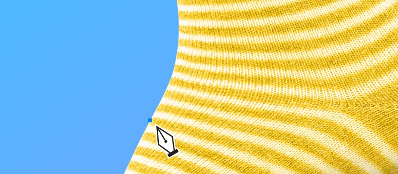 Close-up of Photoshop Pen Tool creating a path along the edge of a yellow striped sock against a blue background.