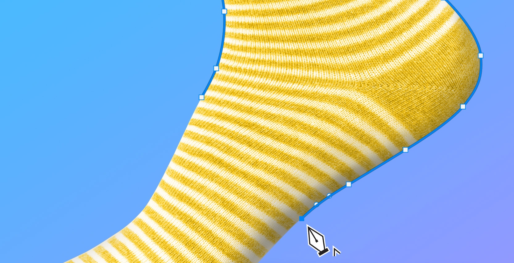 Close-up of Photoshop Pen Tool outlining the yellow striped sock on a blue gradient background for precise path creation.
