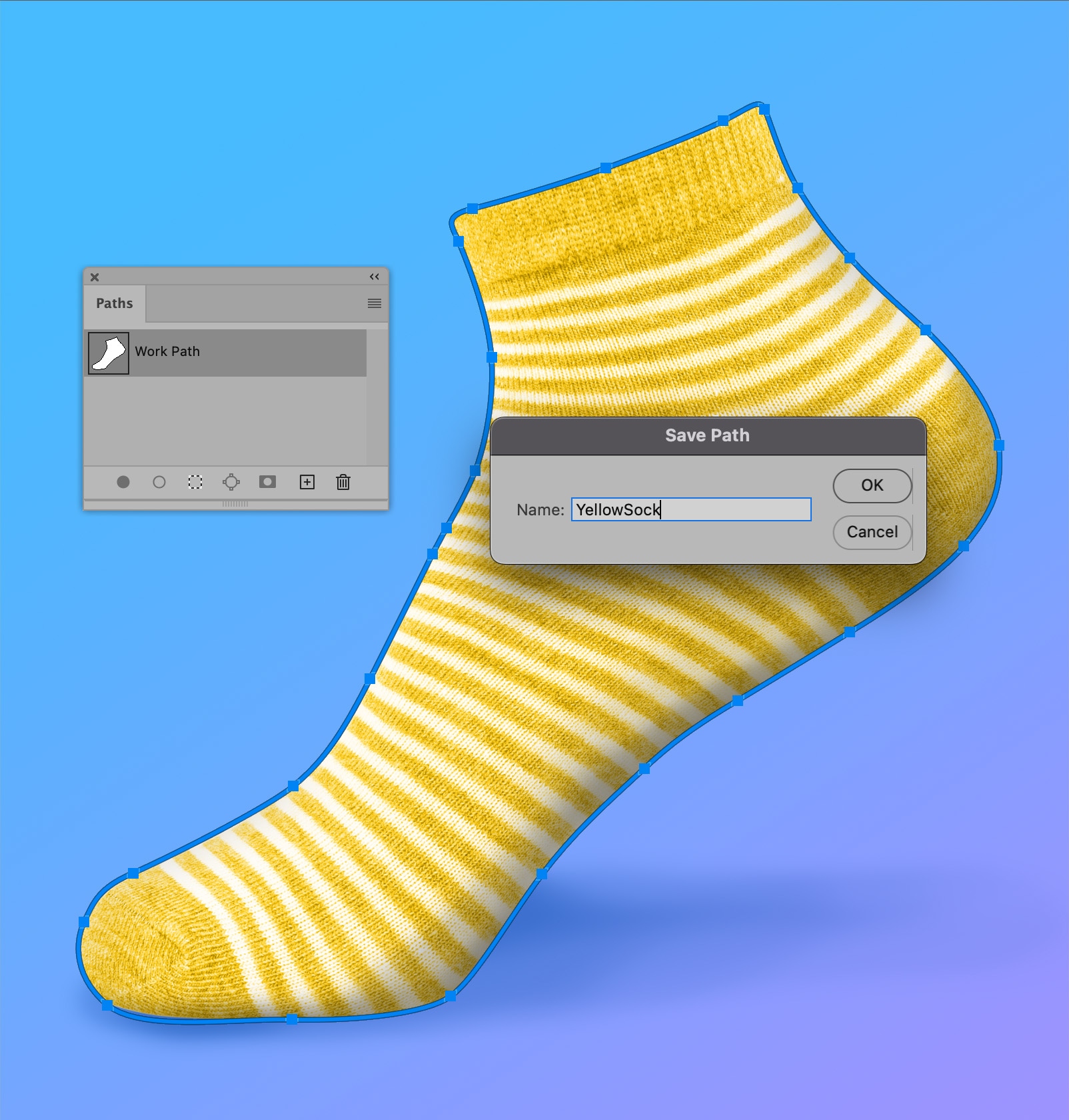 Saving the path selection of a yellow striped sock in Photoshop, with "YellowSock" entered as the path name.