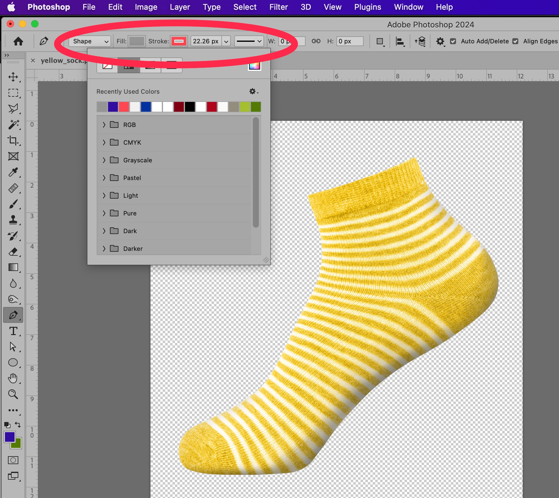 Photoshop workspace showing shape and stroke settings with color palette and transparent background image of a yellow striped sock.
