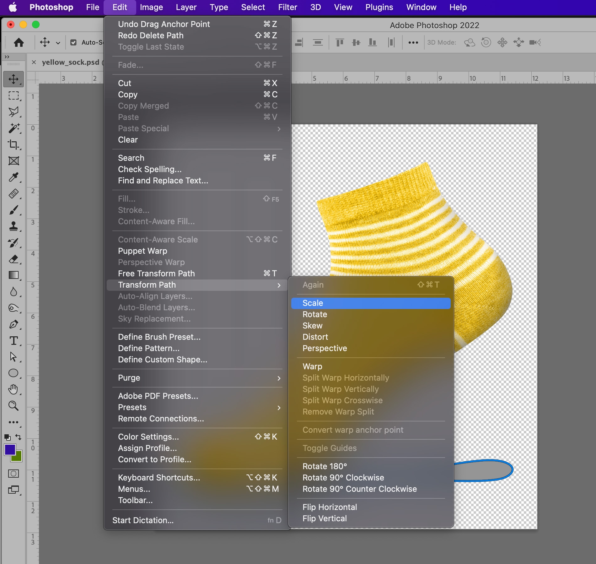 Photoshop "Transform Path" menu open with options like Scale, Rotate, Skew for yellow sock image on transparent background.