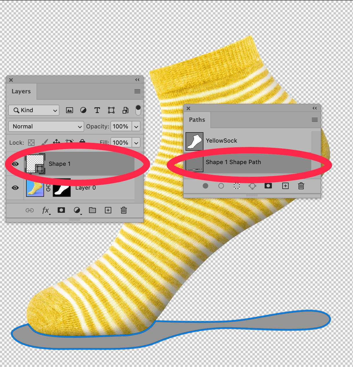 Yellow striped sock with custom shadow path displayed on transparent background, showing "Shape 1" layer and path in Photoshop panels.
