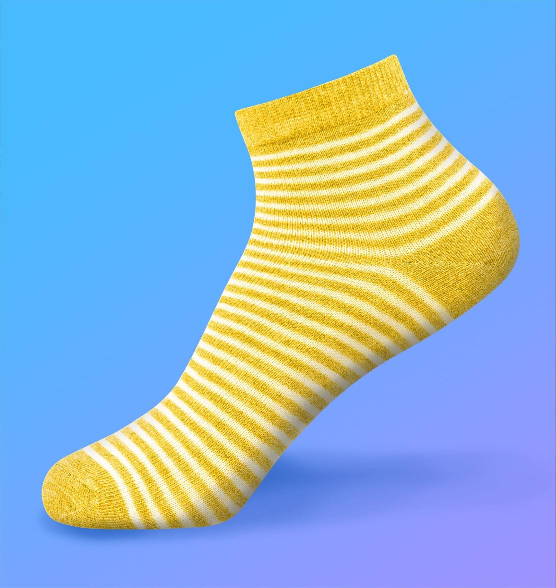 Yellow and white striped sock displayed against a blue gradient background.