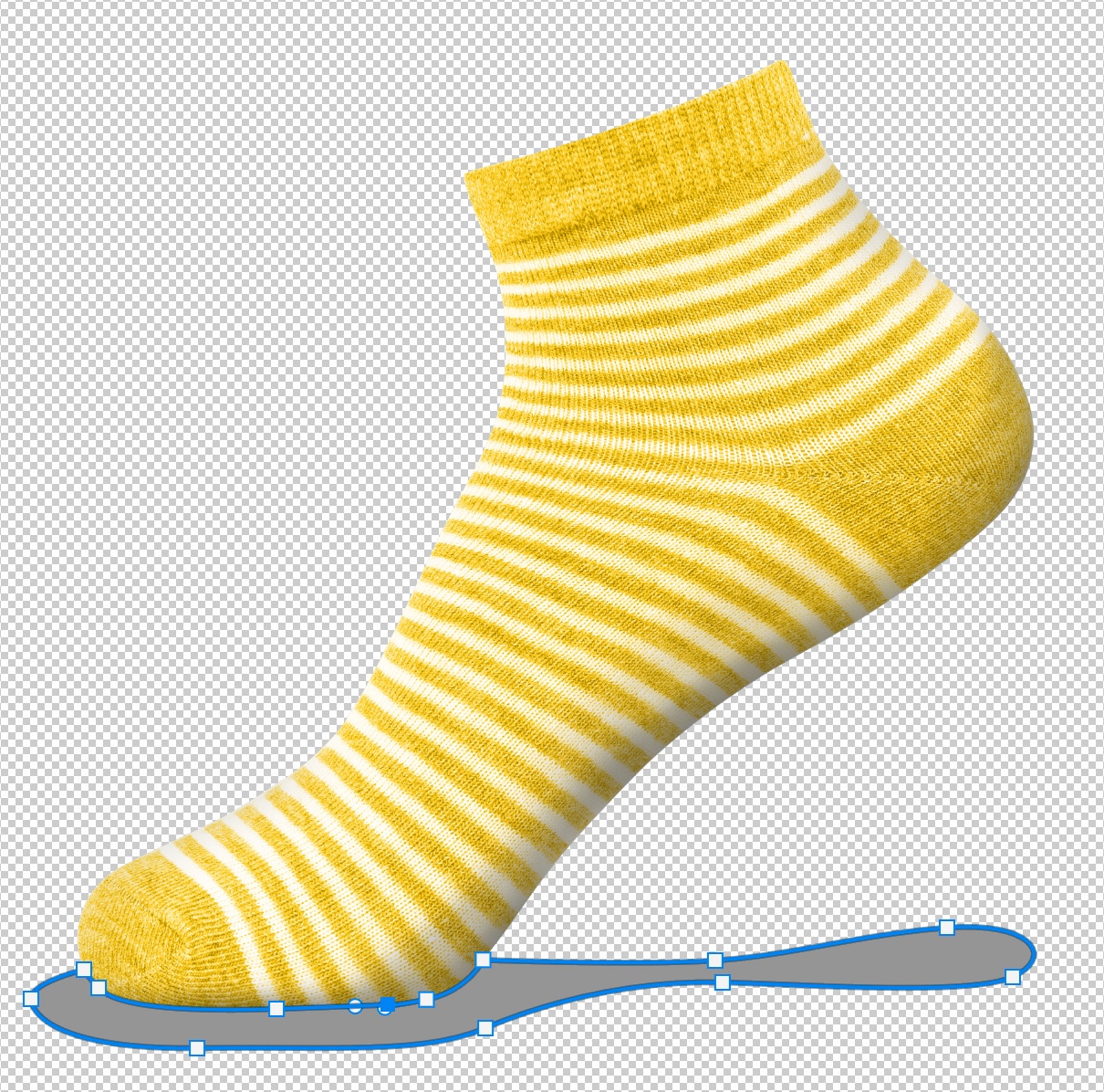 Yellow striped sock on transparent background with custom shadow path created beneath it in Photoshop.