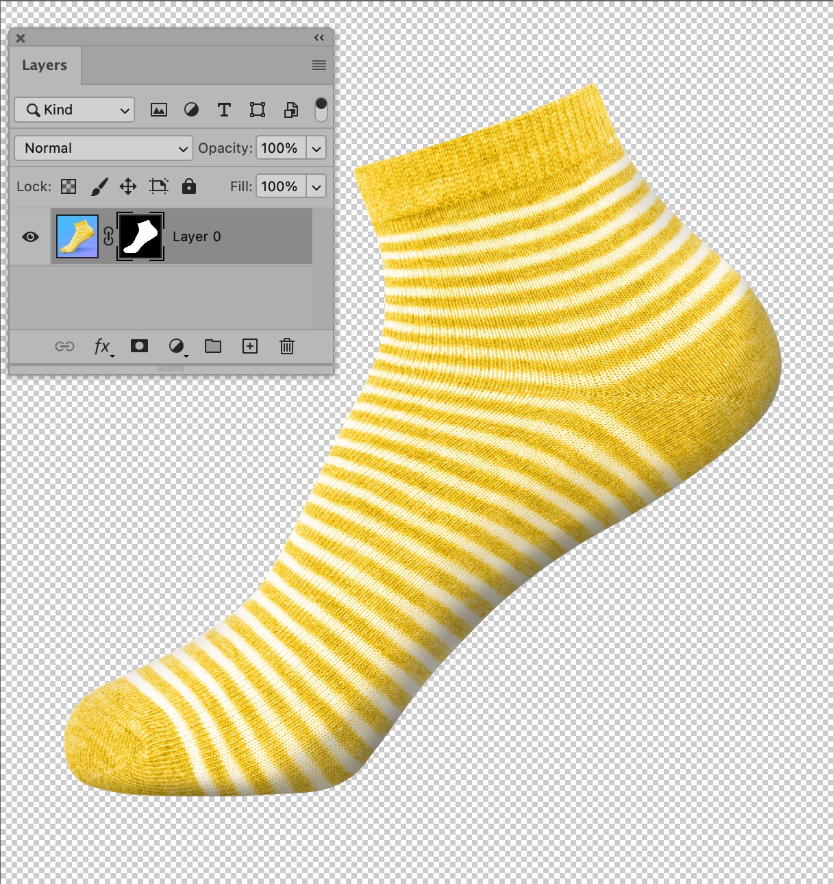 Photoshop interface showing yellow striped sock with selection and layer mask options in Layers and Paths panels highlighted.