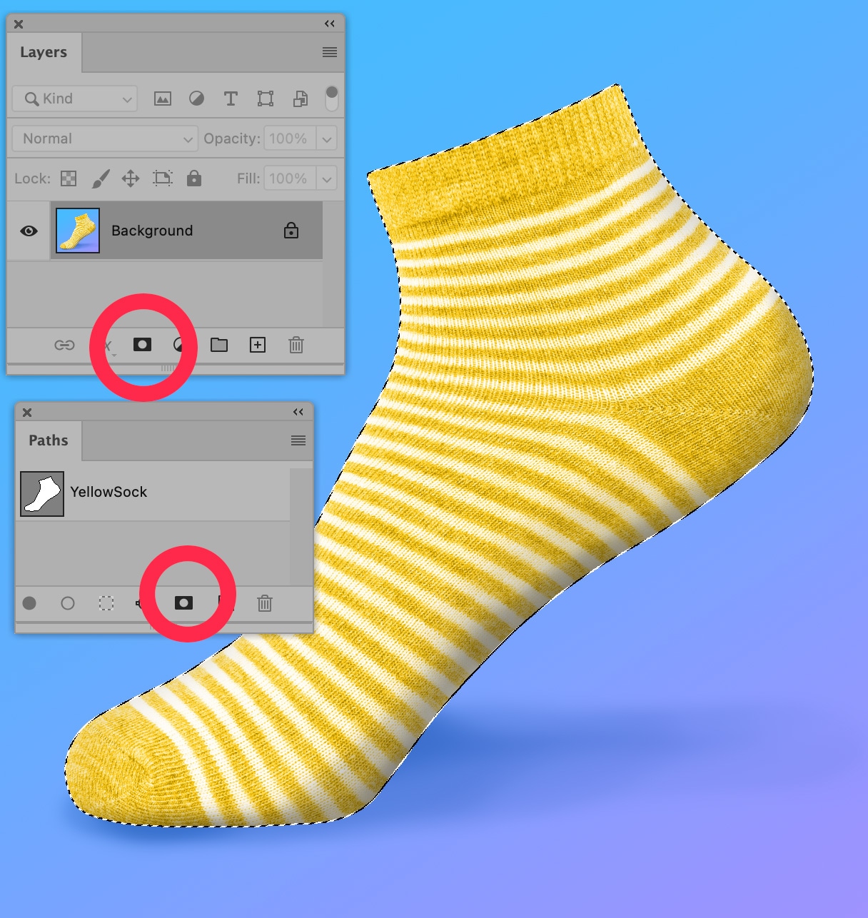 Yellow striped sock in Photoshop with Layer and Path panels highlighted for mask creation