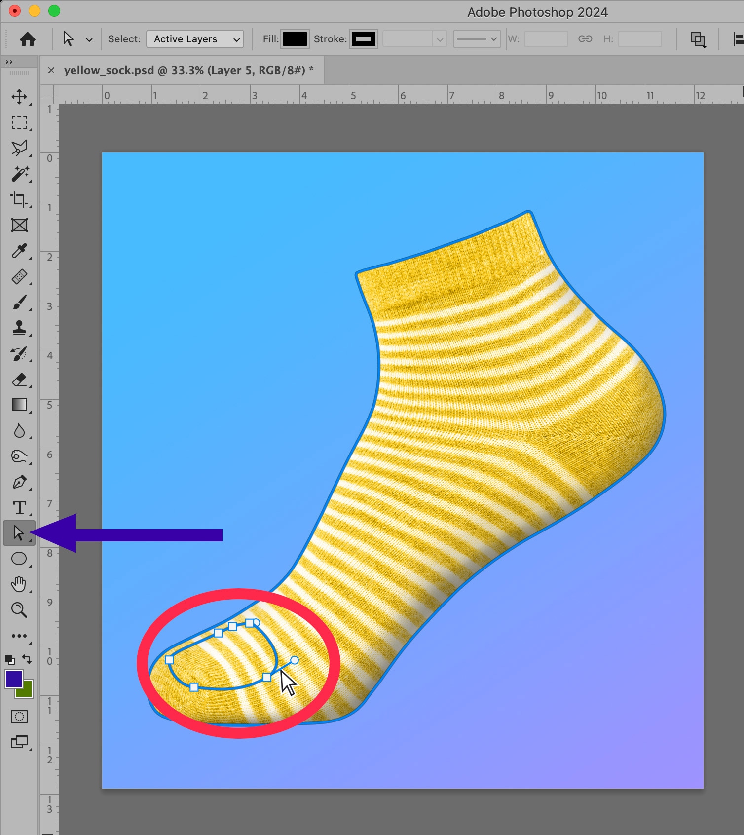 Yellow striped sock in Photoshop with Direct Selection Tool active on toe path segment.