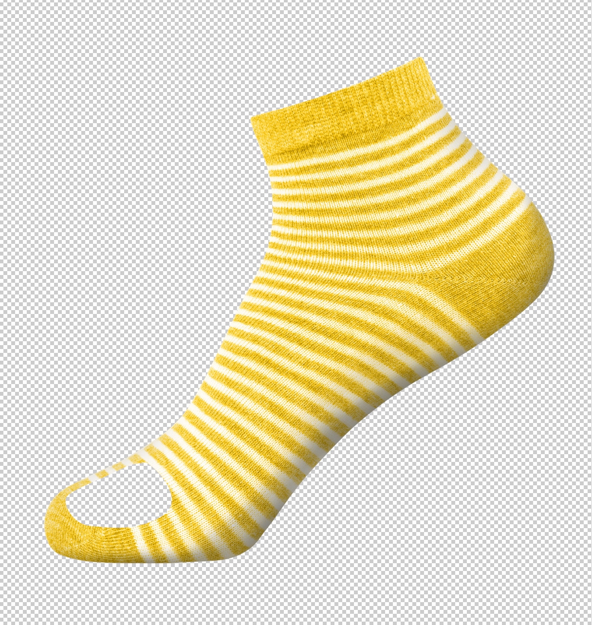 Yellow striped sock on a transparent background after background removal.