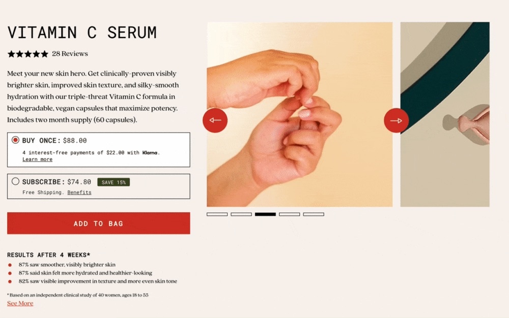 Common Heir Vitamin C Serum with capsule visuals, pricing options, and skin improvement claims
