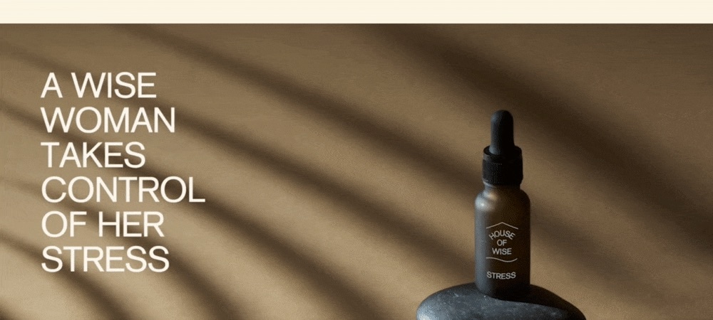 House of Wise stress drops bottle with empowering message "A wise woman takes control of her stress" on neutral background